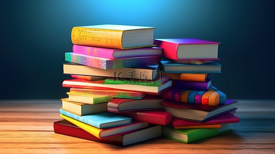 充满活力的教科书堆栈，适合返校季节彩色书籍封面 3D 插图
