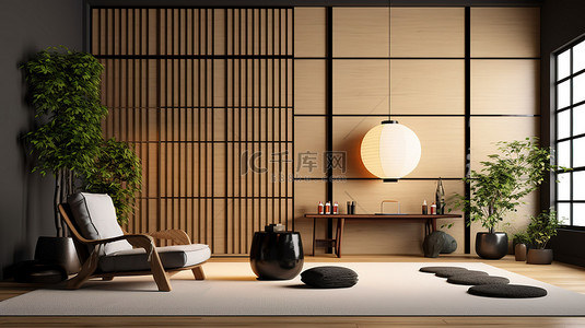 日式榻榻米背景图片_宽敞的日式风格房间，配有榻榻米地板木墙设计和扶手椅 3D 渲染