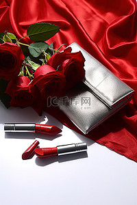 小口红背景图片_红色口红钱包，口红排列在玫瑰上