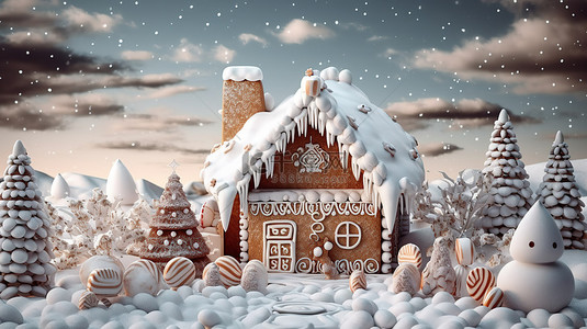 姜姜背景图片_冬季仙境中姜饼屋的 3D 渲染