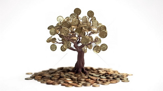 从硬币堆中发芽的金钱植物 3D 树概念