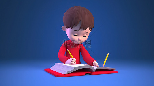 蓝色大学背景图片_穿着红色 T 恤的年轻人在蓝色背景上的 3D 渲染书上写笔记