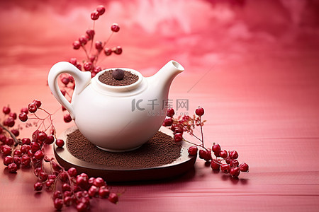 浆果背景图片_一个上面有浆果的白色茶壶