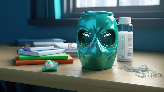 带面具和卫生凝胶的课桌的 3D 渲染