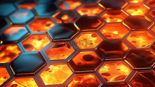 科幻金属黑背景图片_未来派金属和熔岩六边形网格背景与发光的科幻元素 3d 渲染
