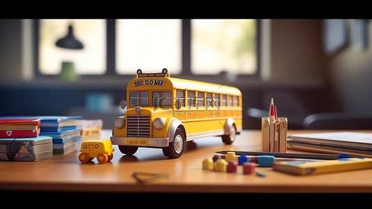 教室木桌上的 3D 渲染校车非常适合返校或教育主题