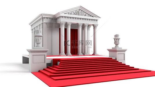 胜利的银行大楼，配有红地毯的获奖者讲台，以白色背景的 3D 渲染呈现