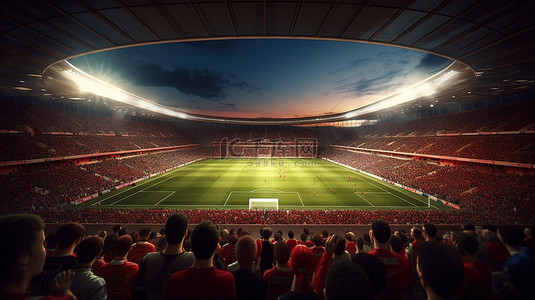 成群结队的球迷挤满了足球场，让比赛变得栩栩如生 3D 渲染