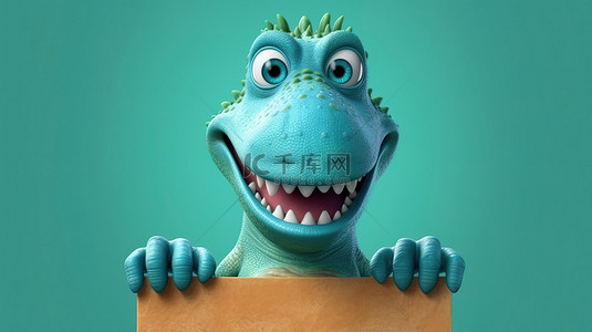 格雷三兄弟背景图片_异想天开的恐龙在 3D 渲染中举着空牌子
