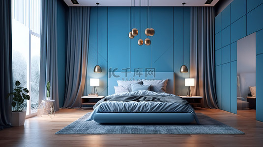 书房效果图背景图片_3D效果图展示了宁静的蓝色卧室室内设计