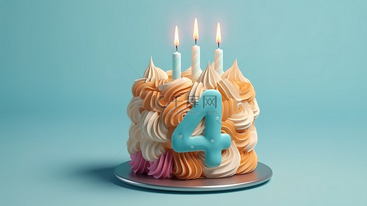 卡通儿童生日元素背景图片_柔和的生日蛋​​糕派对在 3d 渲染中用蜡烛 4 号和蓝色背景上的复制空间说明
