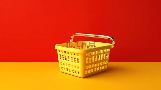早安卖场背景图片_黄色背景的 3D 渲染与红色杂货篮购物概念