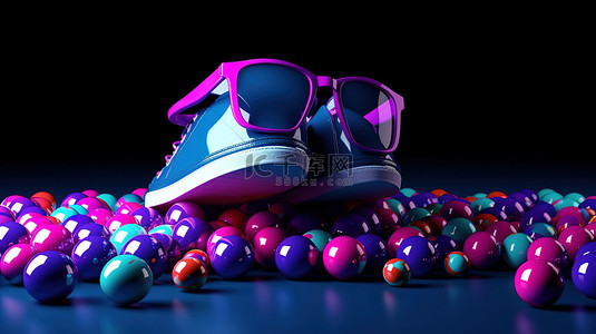 充满活力的蓝色滑板鞋和俏皮的粉色眼镜，周围环绕着 3D 呈现的彩色球海