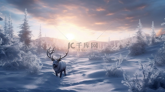 白雪皑皑的森林中雄伟的雄鹿迎接早晨的阳光北极景观 3D 渲染