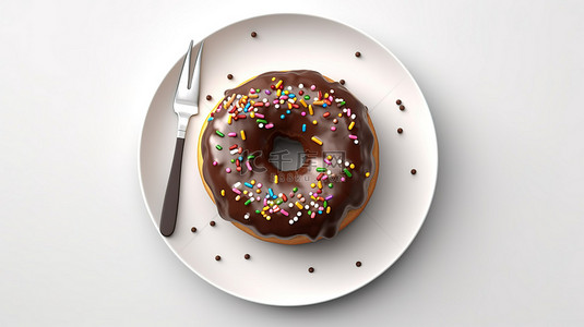 美味的巧克力釉面甜甜圈，上面有彩色洒水，周围是白色背景 3D 渲染的叉子和刀顶视图
