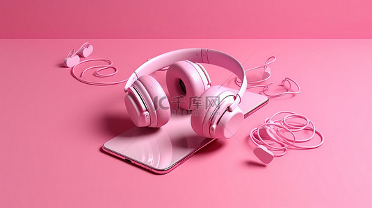 带耳机的智能手机在粉红色背景下显示 3d 渲染的音乐应用程序