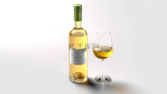 干净的白色背景上带有标签的白葡萄酒瓶的逼真 3D 插图