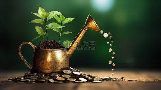 金钱树和喷壶促进金融增长的 3d 插图