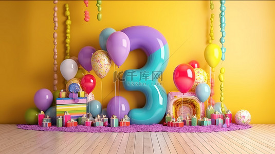 充满活力的气球充满 3 岁生日庆祝活动以引人注目的 3d 呈现
