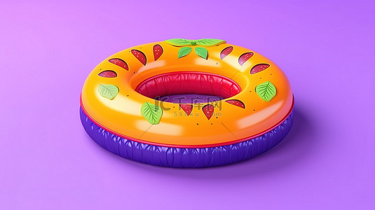 夏天橙背景图片_充满活力的充气环和展示架，在紫色背景上漂浮着西瓜橙和柠檬，夏季的 3D 渲染