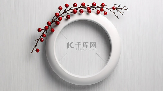 花环边框背景图片_圣诞树树枝圆框的 3D 插图，白墙上有一个红球