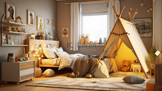 生活卧室背景图片_3D 渲染的儿童卧室配有舒适的床和宽敞的窗户