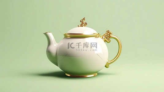 俯拍茶壶茶杯背景图片_用于享用茶的 3D 渲染绿色和白色陶瓷茶壶的插图