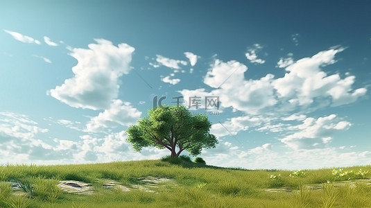 田园诗般的风景宁静的绿色草地，多云的天空下左角有树，全景令人惊叹的 3D 插图