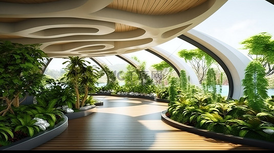 带有屋顶曲线花园的现代热带房屋的 3D 插图