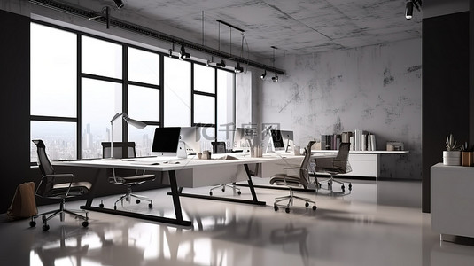 现代城市工作区的高级照片，在 3D 渲染中配有光滑的办公桌