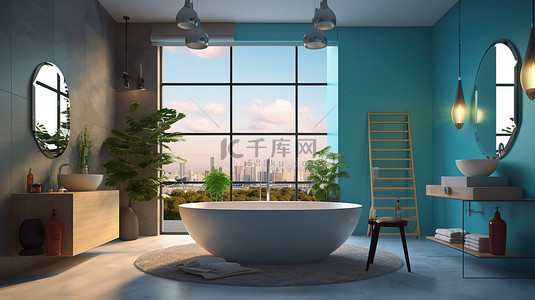形象墙墙设计背景图片_主浴室浴缸设计的 3D 插图