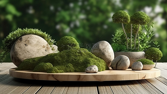 天然木材和石头设置与绿色景观 3D 渲染