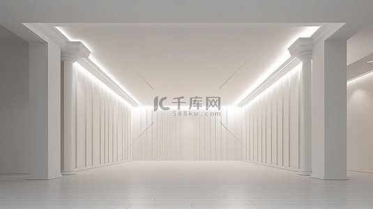 时尚的现代室内 3D 渲染一个空荡荡的白色房间，带有微妙的温暖灯光