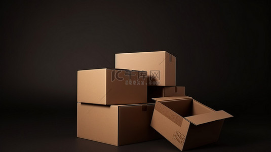 堆叠的包裹背景图片_堆叠的盒子 3D 渲染，顶部有一个打开的纸板箱