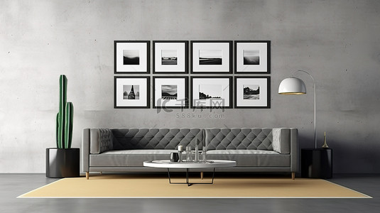 复古式家具背景图片_现代客厅设计，配有混凝土墙舒适的沙发家具和壁挂式艺术框架 3D 渲染