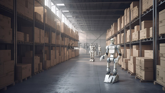 工厂机器人背景图片_协作管理纸板箱的机器人仓库自动化 3D 渲染