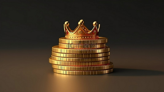 富有的人是一个金色的数字，在高耸的硬币堆上有一顶王冠，代表储蓄和投资增长 3D 渲染