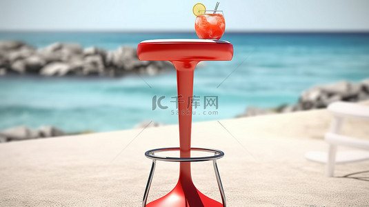 当代海滩凳子，桌子上放着充满活力的热带鸡尾酒，特写拍摄于白色背景 3D 渲染