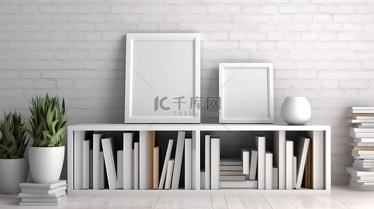 书籍堆放在地板上，旁边是空白的白色相框 3D 渲染