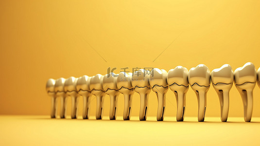 健康的前磨牙周围环绕着一排种植牙，背景为 3D 渲染的充满活力的黄色背景