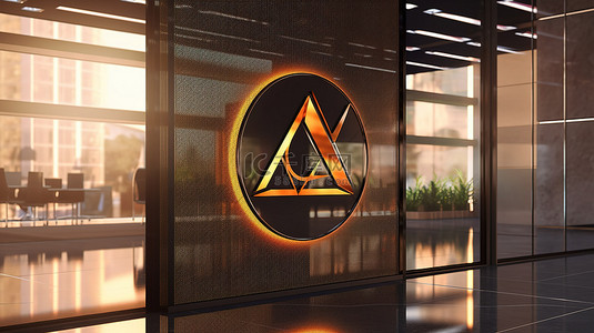 公司名称标志背景图片_玻璃办公室墙上显示的抽象徽标的 3D 渲染