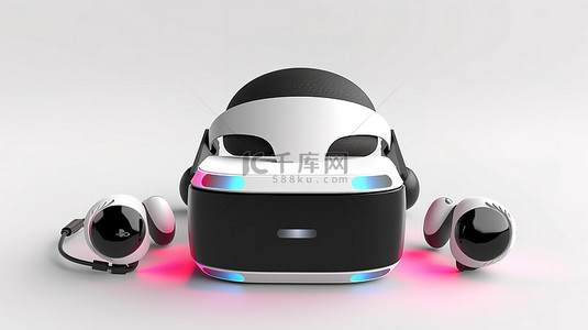赛博朋克宇宙背景图片_时尚的虚拟现实耳机，配有操纵杆耳机和极简设计，适合游戏玩家 3D 渲染插图
