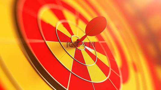 红色飞镖在充满活力的黄色背景上击中靶心的精确打击 3D 渲染，象征着营销目标