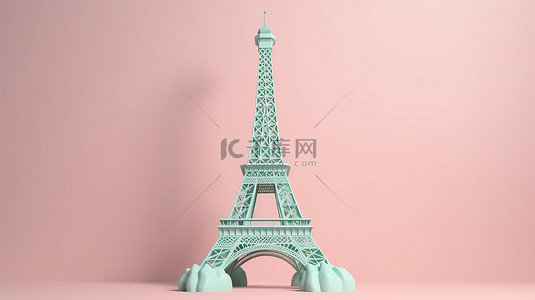 欧洲建筑剪影背景图片_埃菲尔铁塔前视图的极简主义 3D 插图在柔和的背景下被隔离
