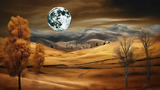 迷人的 3d 风景壁纸金色山脉月光下的树木和木制元素