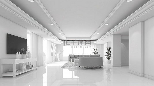 隐背景图片_时尚简约的客厅采用白色当代 3D 渲染，配有隐藏式天花板照明