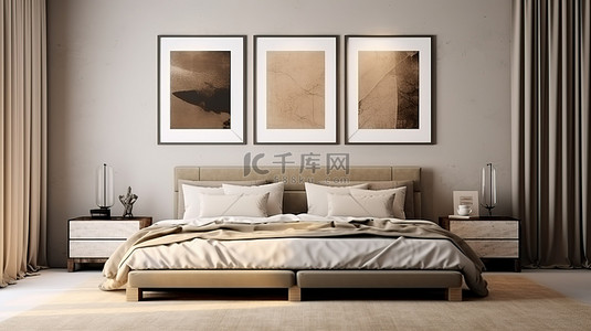 双框背景图片_米色主题现代卧室内饰，配有空白双框 3D 渲染模型