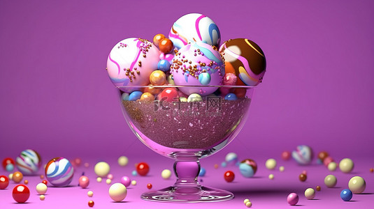 紫色背景上玻璃杯中冰淇淋周围彩色球的 3D 渲染