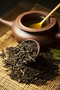茶里背景图片_茶壶里的黑乌龙茶，用木勺