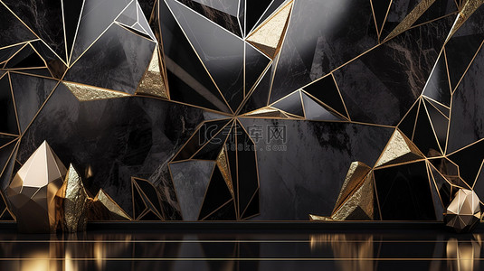 黑灰金色背景图片_现代壁纸，带有 3D 几何三角形图案，配有金色线条和黑灰色大理石